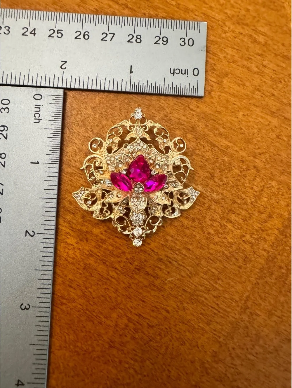 Vintage Filigree Brooch with Pink and Clear Rhinestones 304